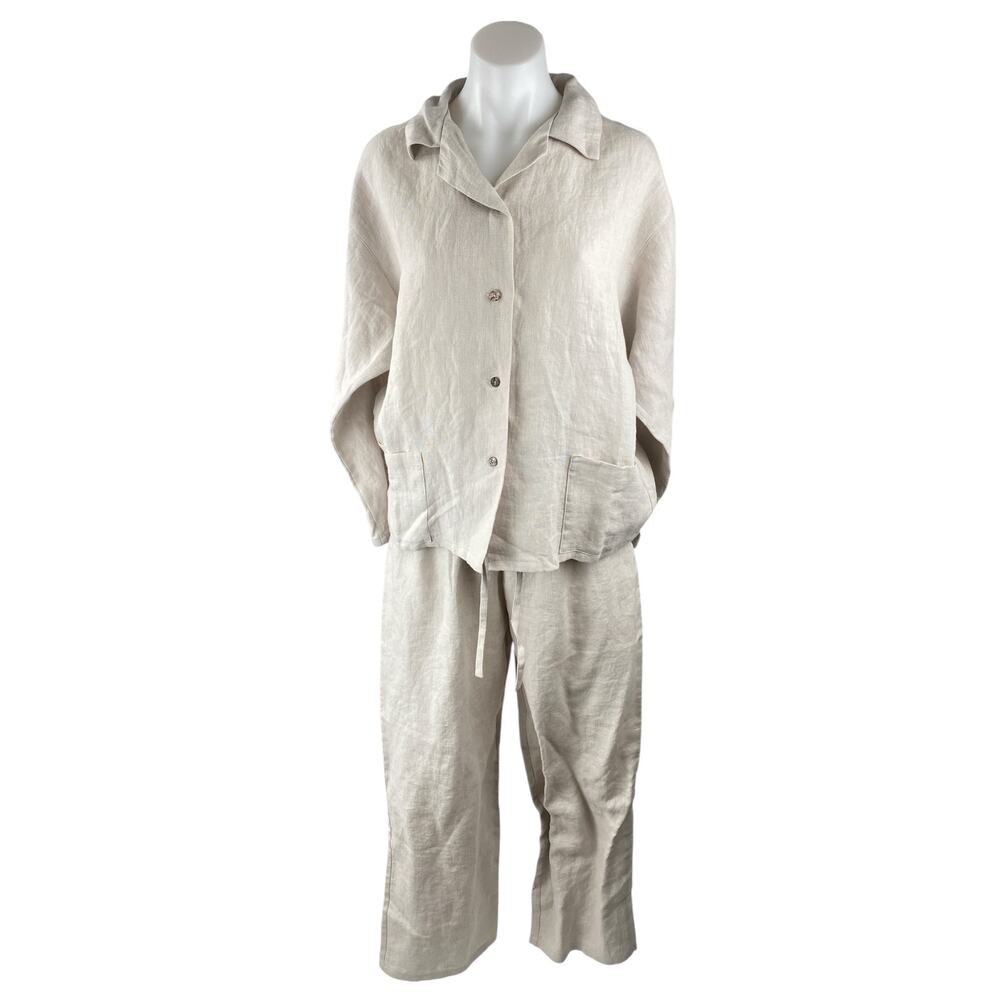 Amour Linen Women's Beige Long Sleeve Button Down Pajama Two Piece Set Size M